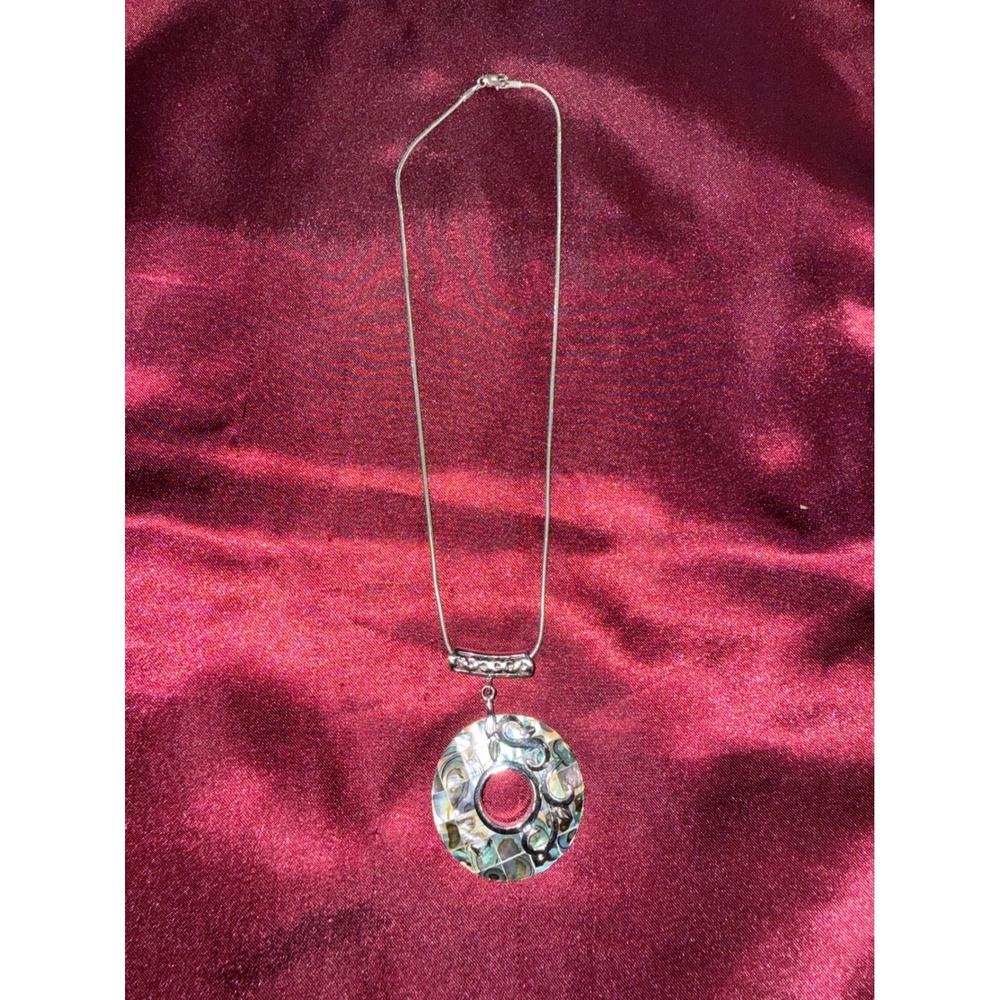 Mosaic Abalone Shell Pendant Necklace Silver Tone Snake Chain Iridescent Circle